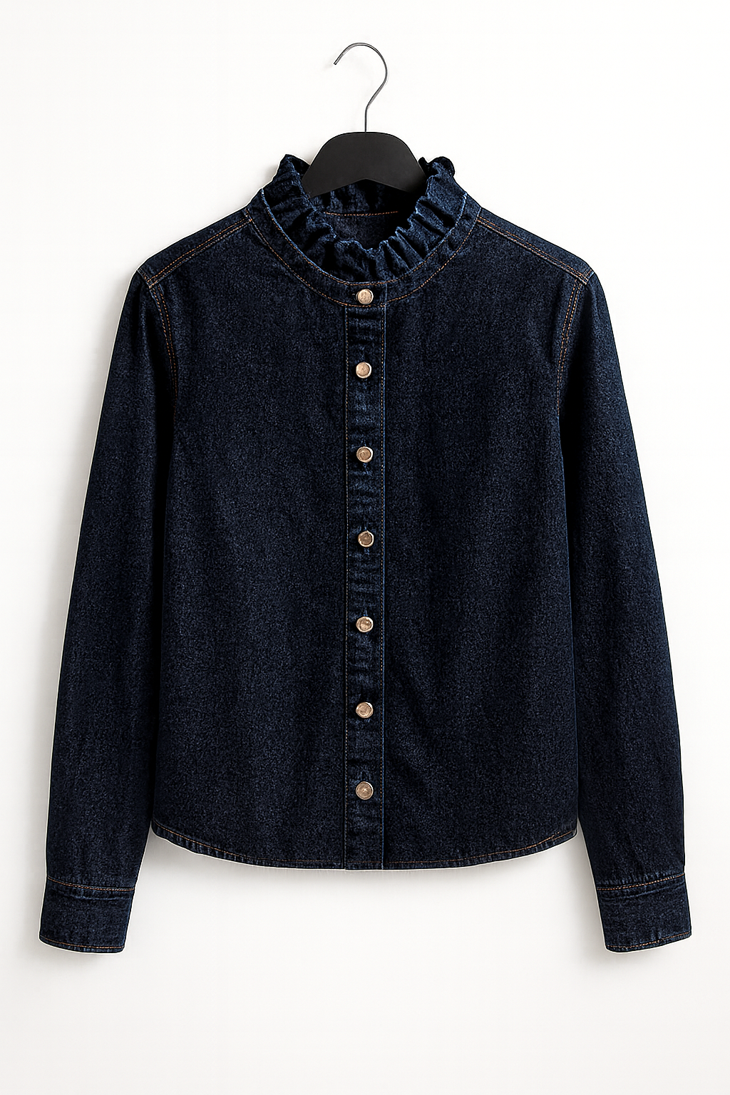 Donkerblauwe Denim Blouse met Fronskraag