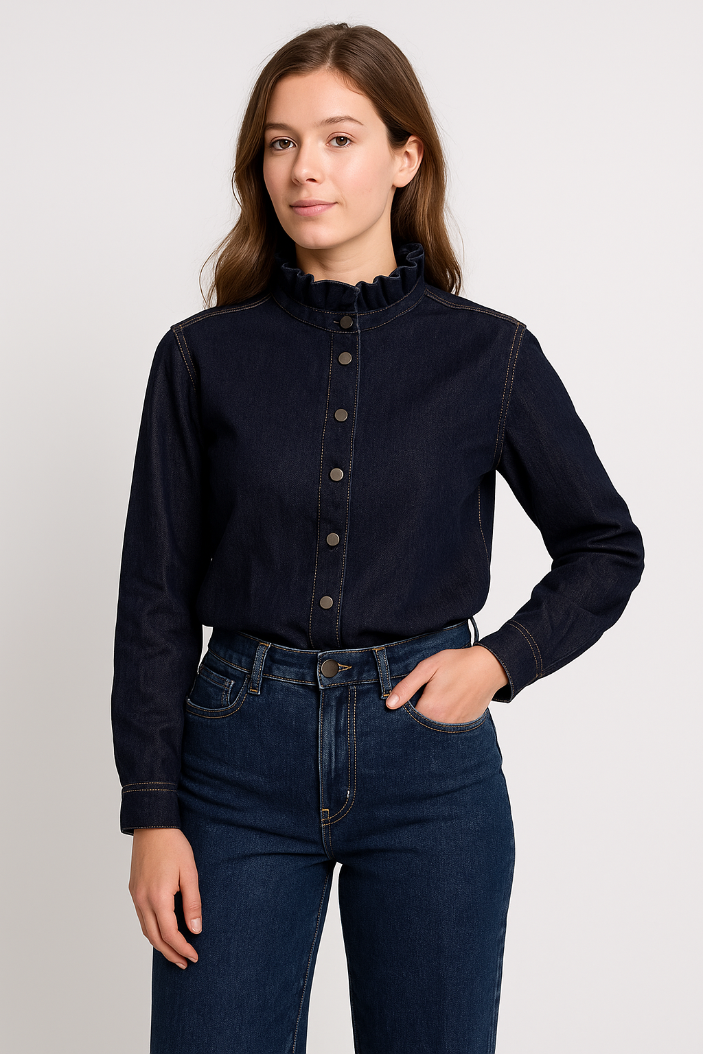 Donkerblauwe Denim Blouse met Fronskraag