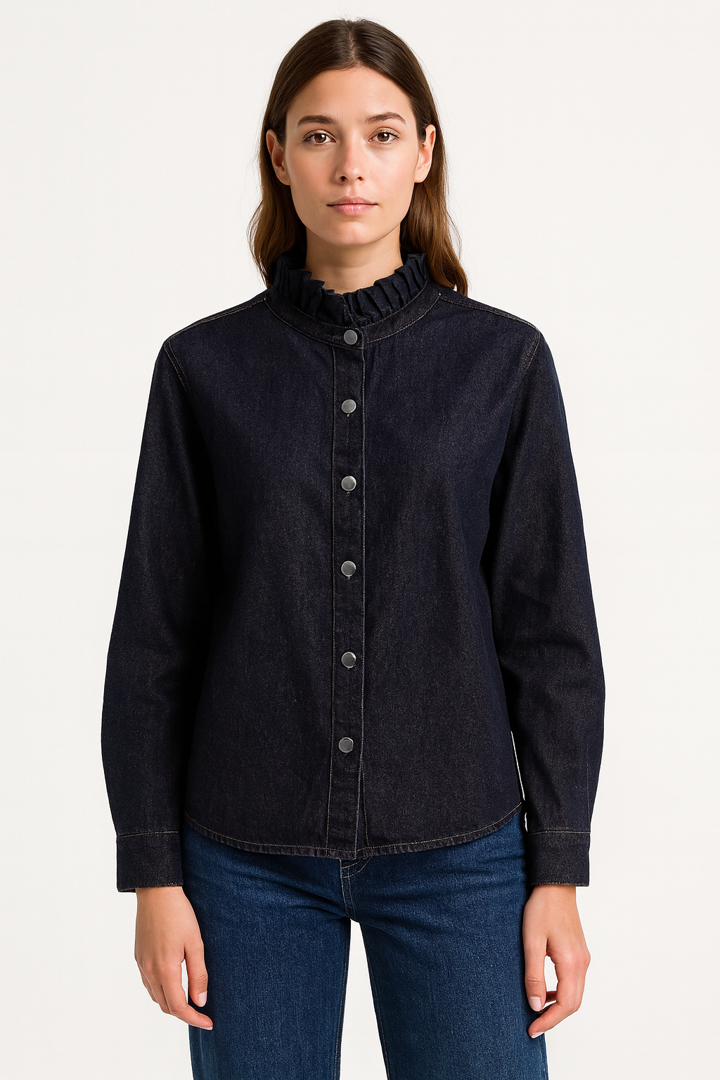 Donkerblauwe Denim Blouse met Fronskraag