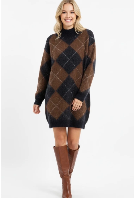 Short diamond pattern jacquard sweater dress