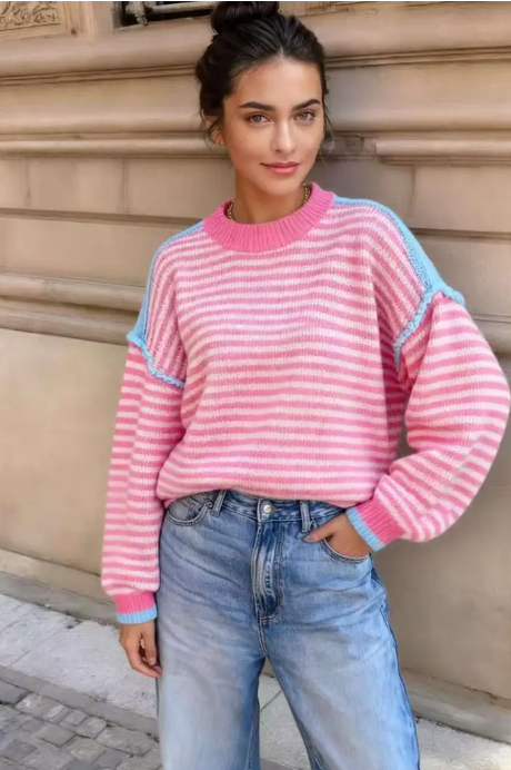 TRICOLOR STRIPED SWEATER, OVERSIZED SPRING WOOL