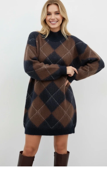 Short diamond pattern jacquard sweater dress