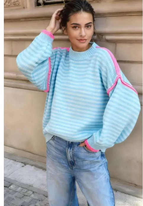 TRICOLOR STRIPED SWEATER, OVERSIZED SPRING WOOL