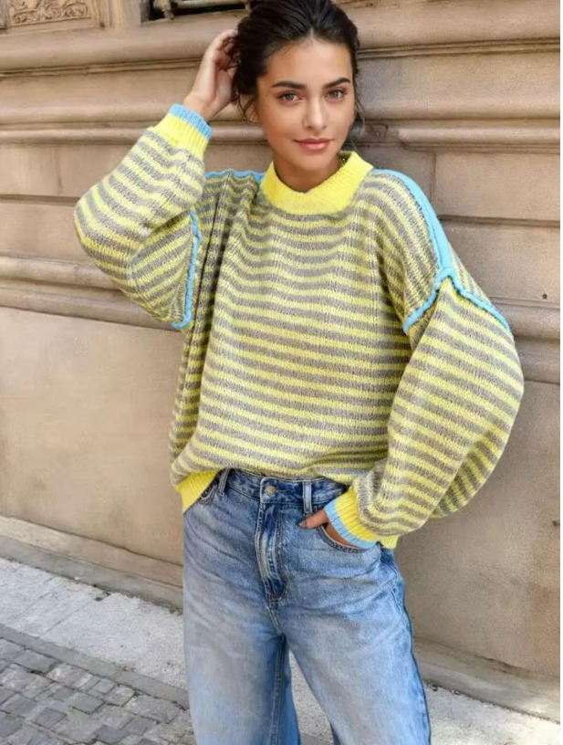 TRICOLOR STRIPED SWEATER, OVERSIZED SPRING WOOL